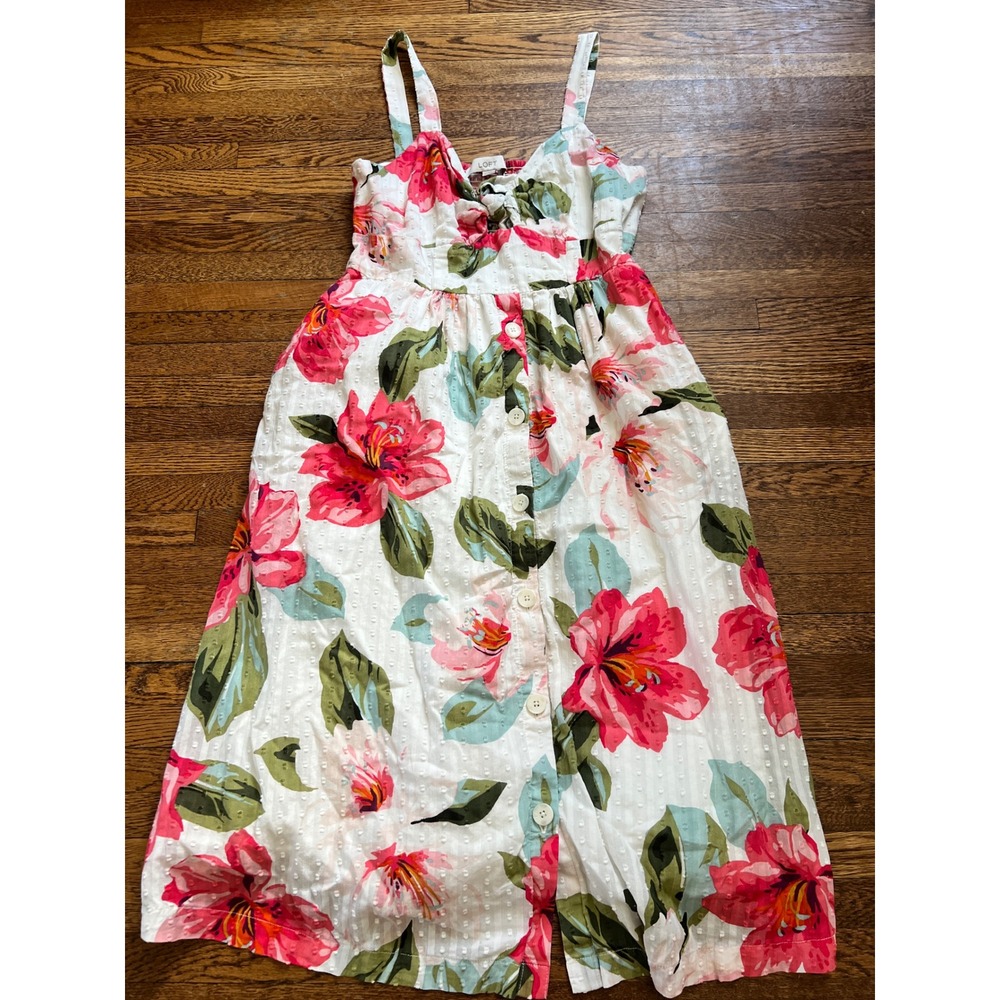 LOFT Women Floral Clip Dot‎ Button Front Midi Dress White Pink Green Size 4